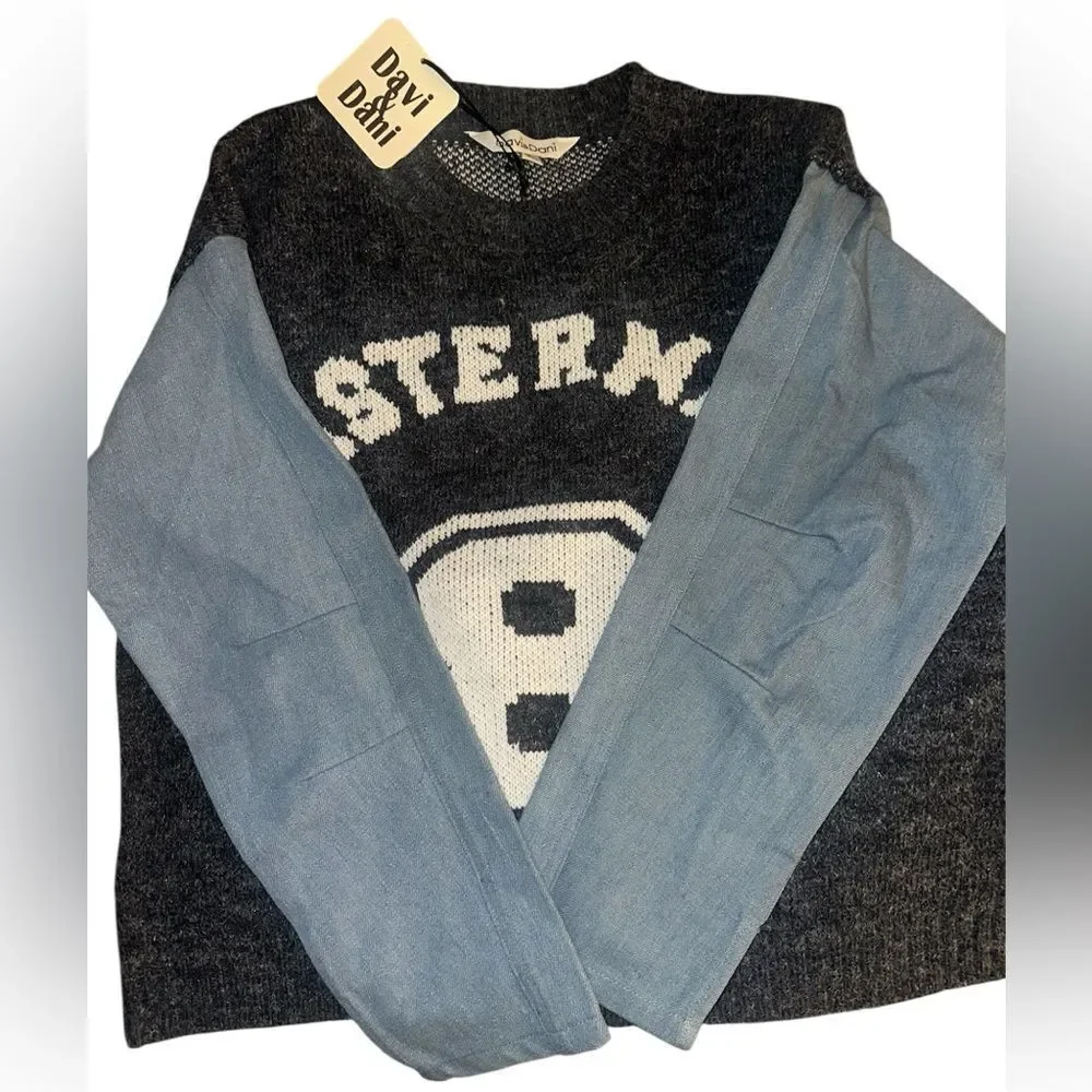 Davi and Dani Gray and Blue “Mastermind” sweater with denim sleeves